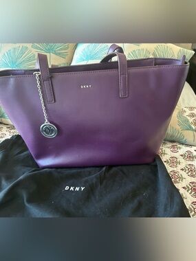 DKNY Purple Leather Logo Charm Tote Medium